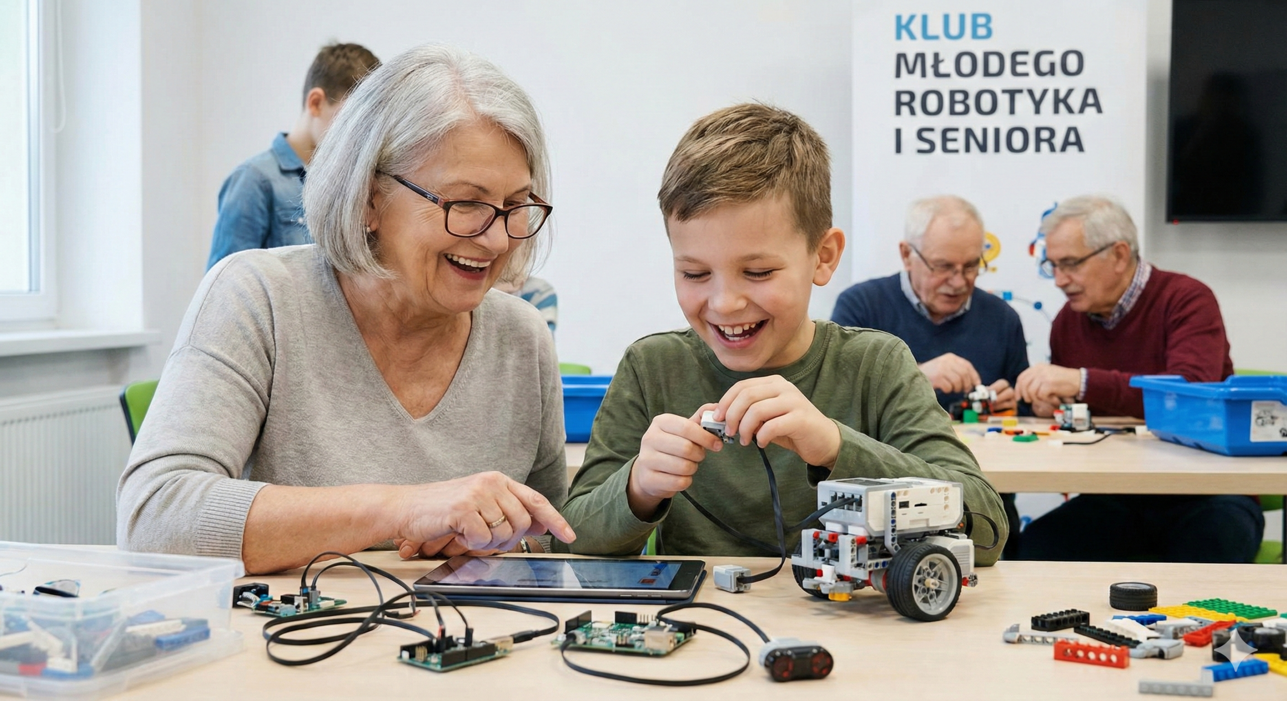 Senior i dziecko wspólnie budują robota z klocków LEGO podczas warsztatów międzypokoleniowych Cyfrowe Mosty.